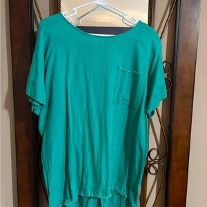 Umgee Teal Short Sleeve Pocket Tunic Top classic Linen blend SZ XL raw hem